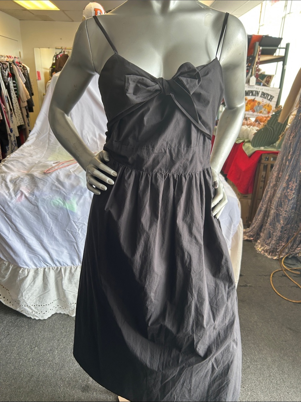 Women’s Black Bow-Front Spaghetti Strap Midi Dress